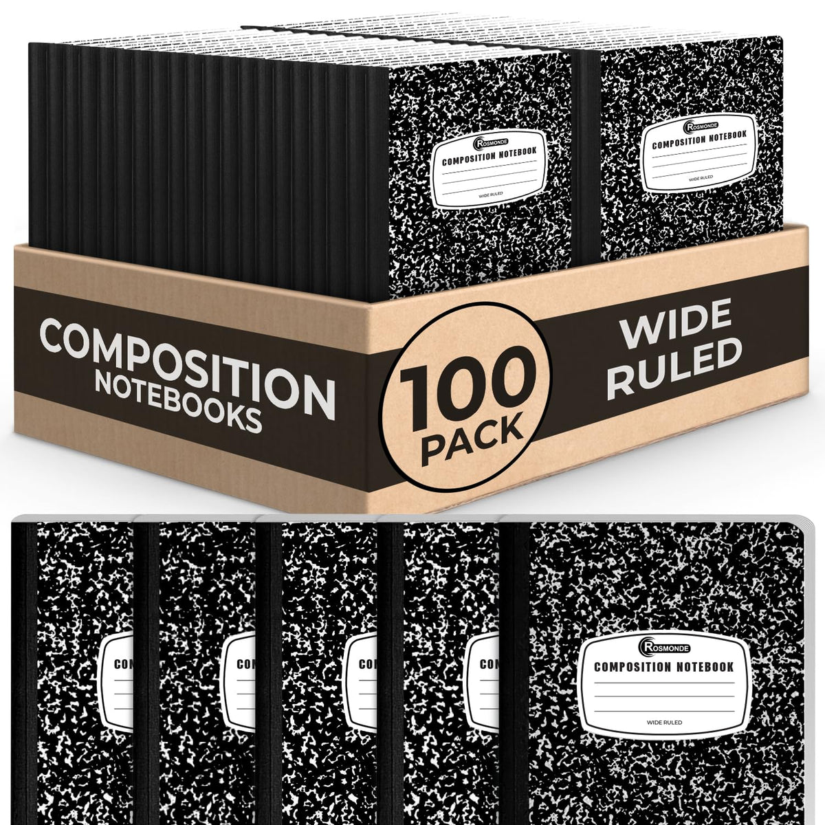 Rosmonde 5 Pack Wide Ruled Composition Notebook, Black Marble Notebooks