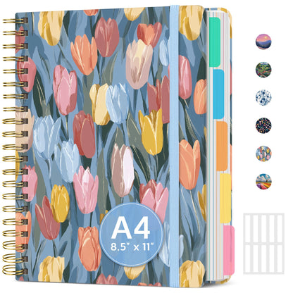 Taja Pretty Large Spiral Lined Notebook for Work with 5 Removable Dividers