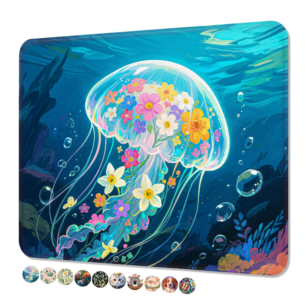 Mouse Pad, Cute Mouse Mat, 10" x 8", Colorful Flower Cat