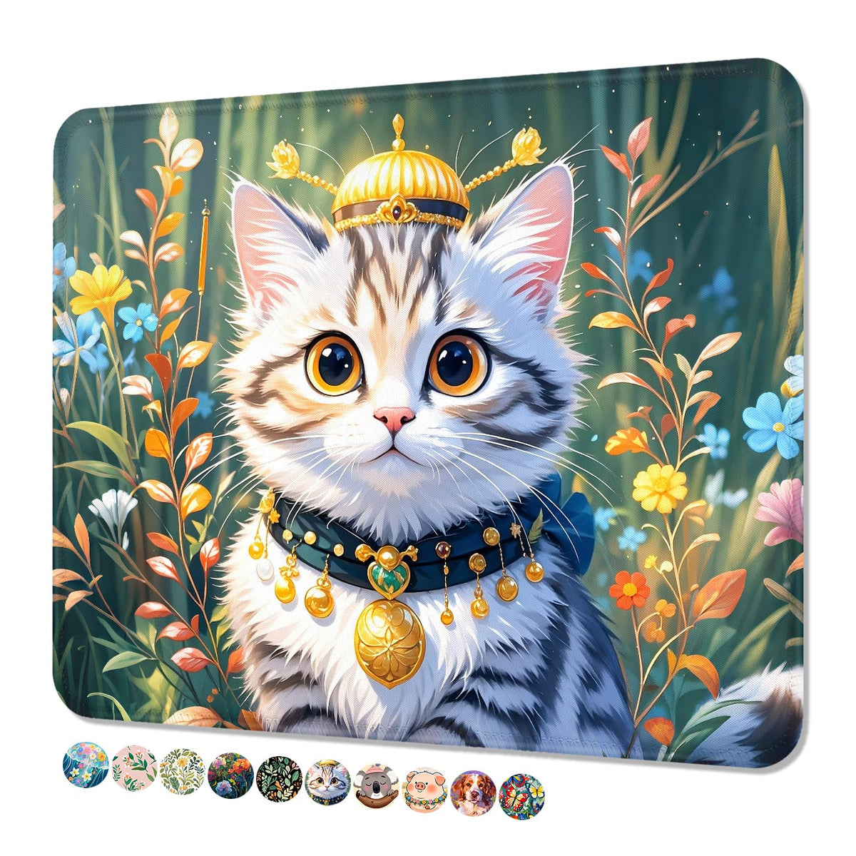 Mouse Pad, Cute Mouse Mat, 10" x 8", Colorful Flower Cat