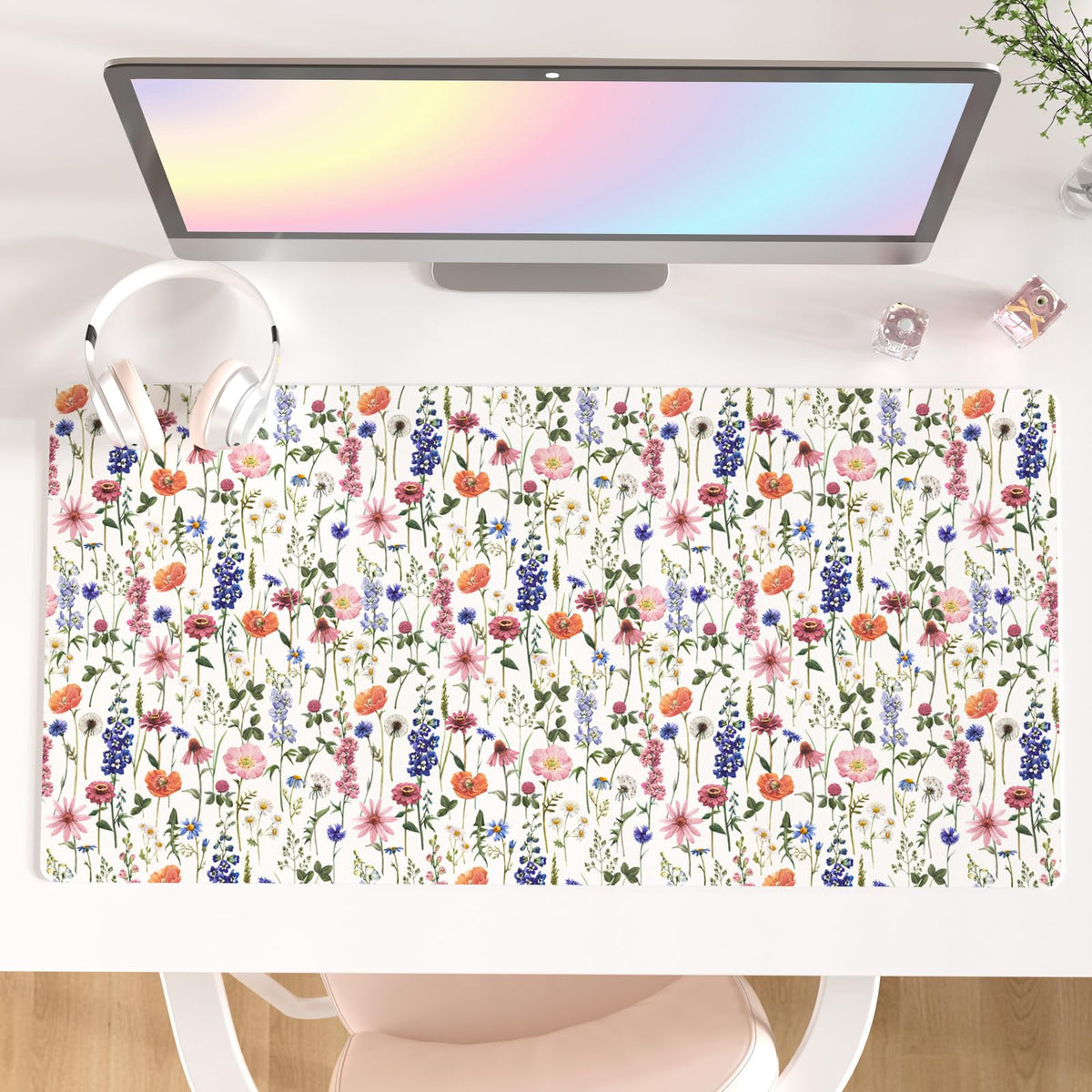 Faux Leather Large Mouse Pad, Office Desk Mat, 31.5"x15.7", Pink Floral