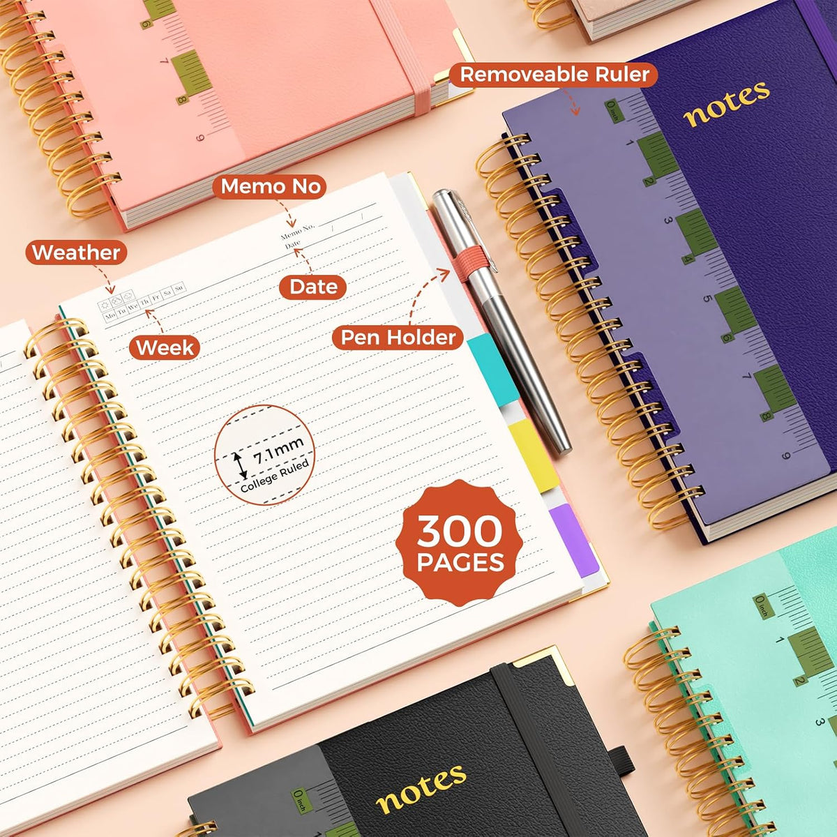 Line Hardcover Spiral Notebook with Removable Dividers Tabs & Ruler, 5 Subject Notebook College Ruled, 300 Page, Large 8"x10" B5 Notebooks for Work School, Lined Journal for Women & Men, Purple