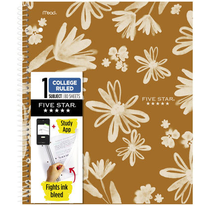 Five Star Spiral Notebook + Study App, 2 Pack, 1 Subject, College Ruled, 8-1/2" x 11", 80 Sheets, Fights Ink Bleed, Water Resistant Cover, Soft Petals (820331F-ECM)