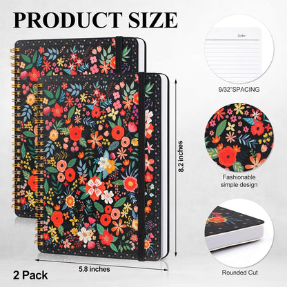 AZUREAL Spiral Journal Notebook 2P, A5 Hardcover Floral Notebook, 50 Pages Pretty Notebook, Journal For Women & Men Office School Note Taking Business (Black)