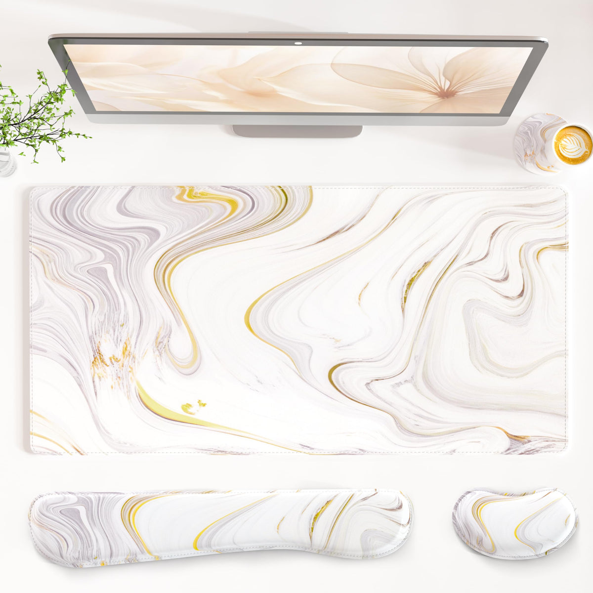 QiyI PU Leather Desk Mat Set, 4-in-1 Ergonomic Wrist Rest, Pink Marble