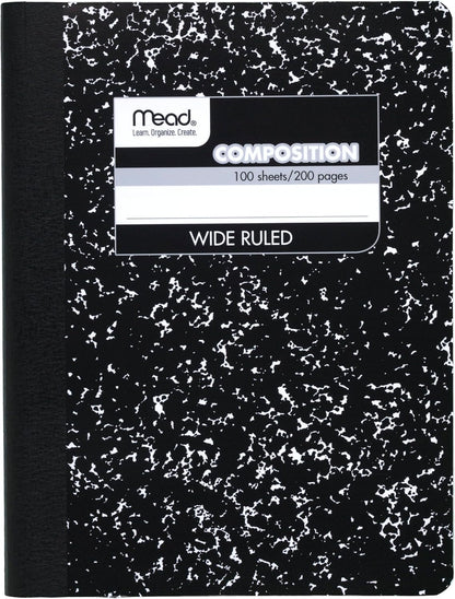 Mead Composition Notebook, Wide Ruled Paper, 7.5" x 9.75", 100 Sheets, Black Marble (09910)