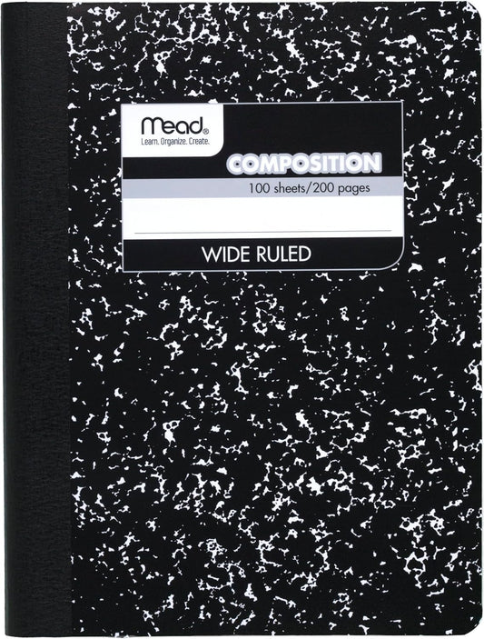 Mead Composition Notebook, Wide Ruled Paper, 7.5" x 9.75", 100 Sheets, Black Marble (09910)