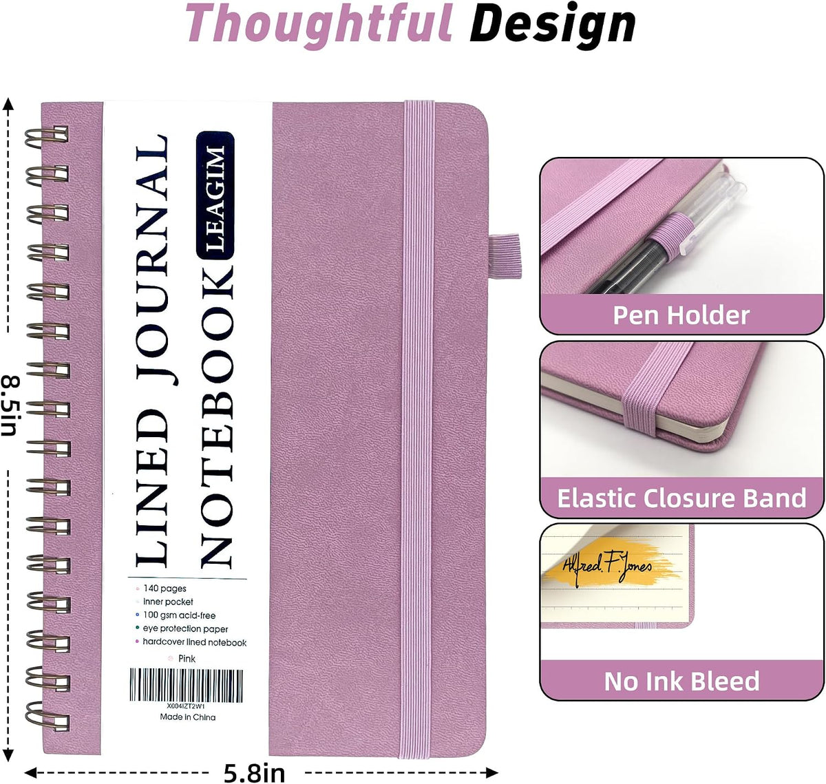 LEAGIM Lined Spiral Journal Notebook for Women & Men, College Ruled Hardcover Notebook for Work & Note Taking, Journals for Writing, 100 GSM, Business, School, 140 Pages, A5(5.8"x8.5") - Pink