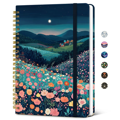 Taja Lined Spiral Journal Notebook for Women, Pretty College Ruled Notebook for Work & Note Taking, A5 Hardcover Journal for Writing, Cute Aesthetic 140 Pages, Midnight Bloom