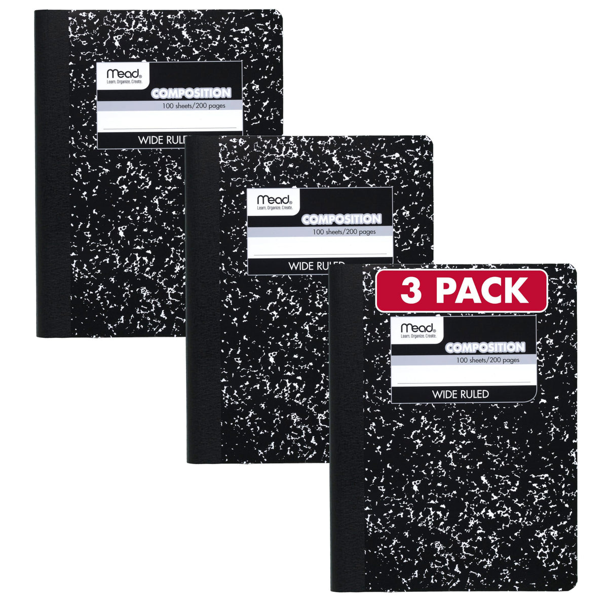 Mead Composition Notebook, Wide Ruled Paper, 7.5" x 9.75", 100 Sheets, Black Marble (09910)