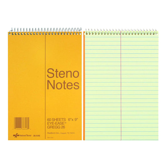 National Steno Notebook, Gregg-Ruled, Green Eye-Ease Paper, Brown Cover, 6" x 9", 60 Sheets (36646)