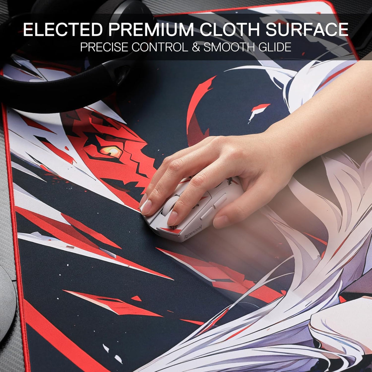 Redragon EISA P047L Anime Gaming Mouse Pad - Smooth Spandex Surface, Anti-Slip Rubber Base, Spill-Resistant, Durable 5mm Thick Design, 35 x 16 inches, Black