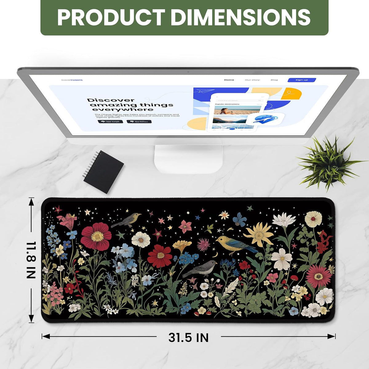 Aesthetic Desk Mat, Cute Enchanted Garden Desk Pad Protector for Work & Decor, 31.5" x 11.8", Pretty Non-Slip Extended Mouse Pad for Office or Home