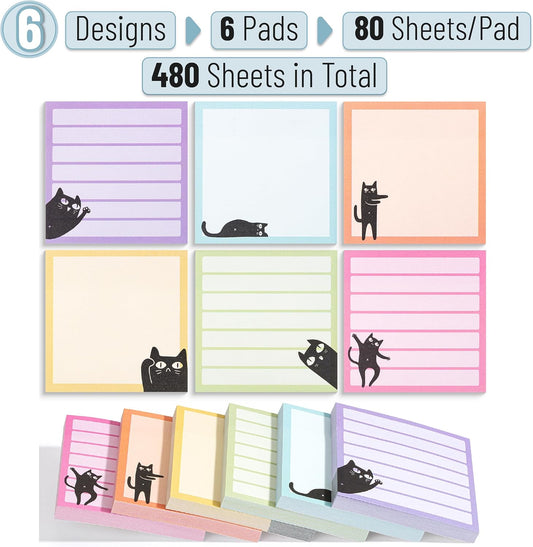 Mr. Pen- Black Cat Sticky Notes Set, 3" x 3", 6 Pads, 480 Sheets | Black Cat Sticky Notes, Memo Pads, Self-Stick Note Pad for Office, School, Home, Study & Organization