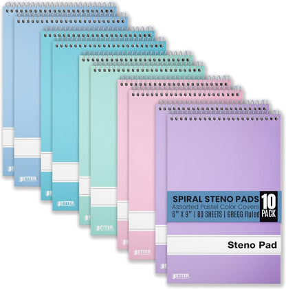 Better Office Products Steno Pads Spiral 6x9, 10 Pack, Gregg Ruled, 80 Sheets, Assorted Pastel Covers, Steno Notebooks Top Spiral for Note Taking