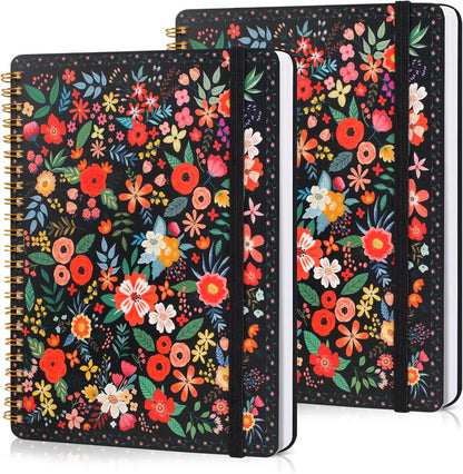 AZUREAL Spiral Journal Notebook 2P, A5 Hardcover Floral Notebook, 50 Pages Pretty Notebook, Journal For Women & Men Office School Note Taking Business (Black)
