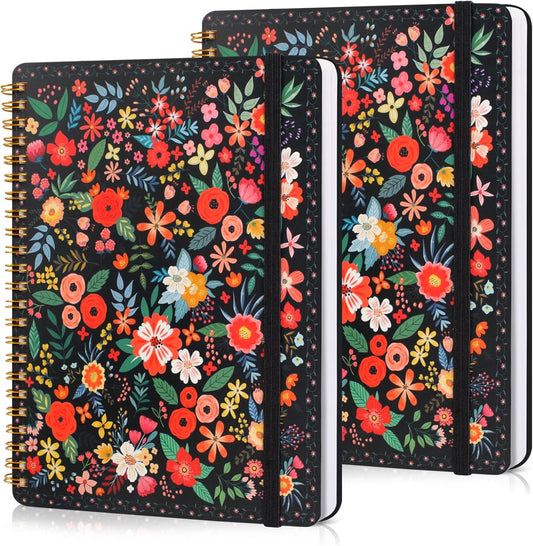 AZUREAL Spiral Journal Notebook 2P, A5 Hardcover Floral Notebook, 50 Pages Pretty Notebook, Journal For Women & Men Office School Note Taking Business (Black)