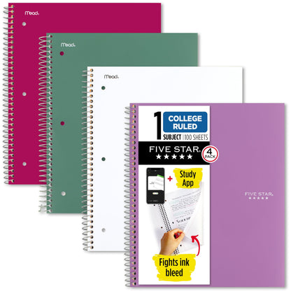 Five Star Spiral Notebook + Study App, 100 Sheets, 1 Subject, College Ruled Paper, Fights Ink Bleed, Water Resistant Cover, 820337-ECM, Purple, Pink, White & Green, 8-1/2" x 11", 4 Pack