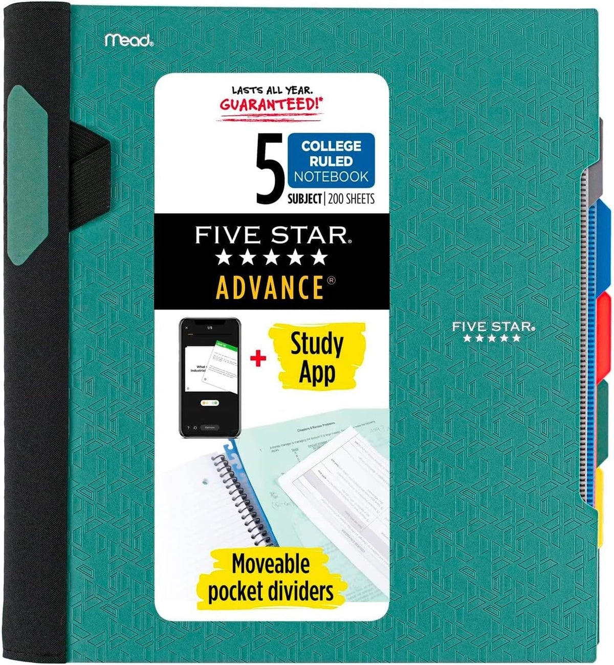 Five Star Advance Spiral Notebook + Study App, 5 Subject, College Ruled Paper, 8-1/2" x 11", 200 Sheets, Spiral Guard, Movable Tabbed Dividers, Seaglass Green (73148)
