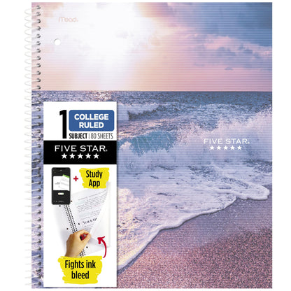 Five Star Spiral Notebook + Study App, 2 Pack, 1 Subject, College Ruled, 8-1/2" x 11", 80 Sheets, Fights Ink Bleed, Water Resistant Cover, Soft Petals (820331F-ECM)