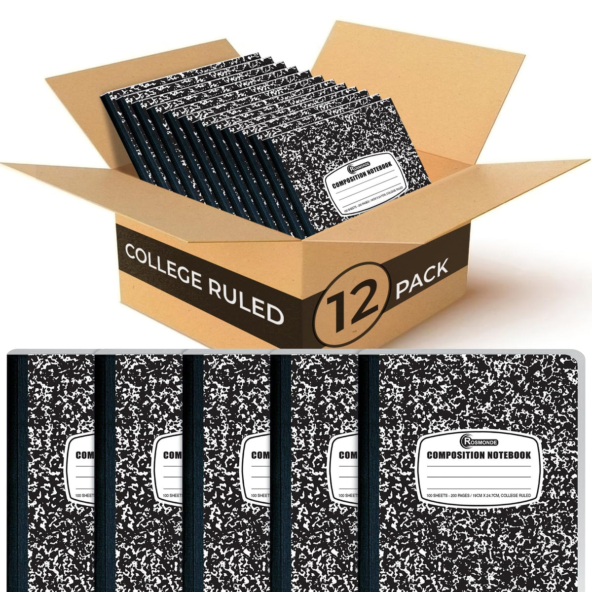 Rosmonde 5 Pack College Ruled Composition Notebooks, Black Marble Notebook