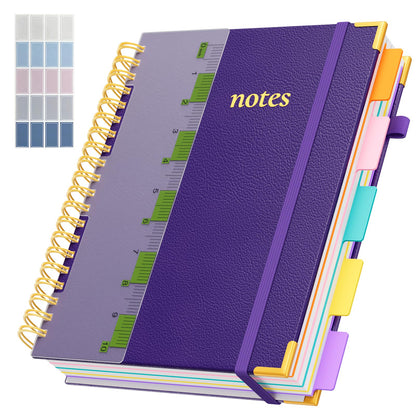 Line Hardcover Spiral Notebook with Removable Dividers Tabs & Ruler, 5 Subject Notebook College Ruled, 300 Page, Large 8"x10" B5 Notebooks for Work School, Lined Journal for Women & Men, Purple