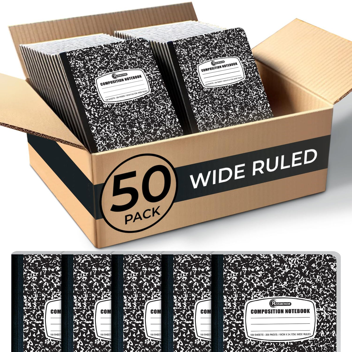 Rosmonde 5 Pack Wide Ruled Composition Notebook, Black Marble Notebooks