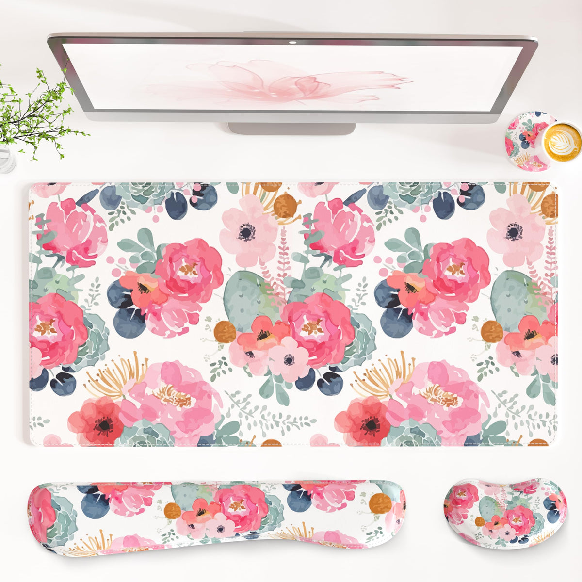 QiyI PU Leather Desk Mat Set, 4-in-1 Ergonomic Wrist Rest, Pink Marble
