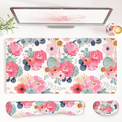 QiyI PU Leather Desk Mat Set, 4-in-1 Ergonomic Wrist Rest, Pink Marble