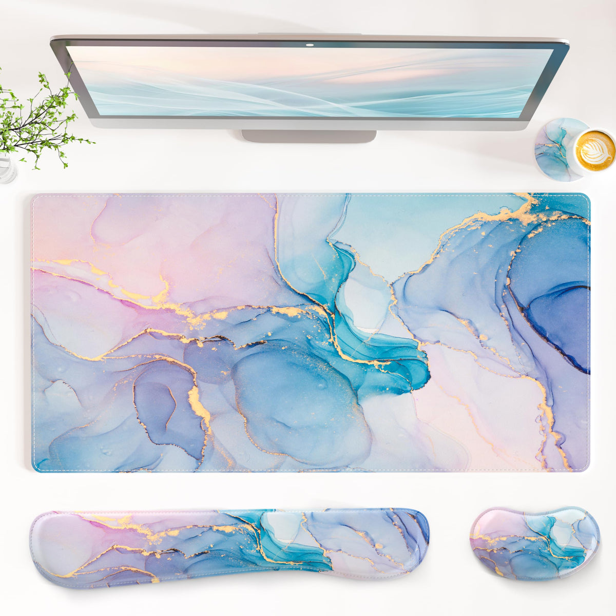 QiyI PU Leather Desk Mat Set, 4-in-1 Ergonomic Wrist Rest, Pink Marble