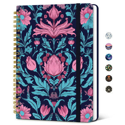 Taja Lined Spiral Journal Notebook for Women, Pretty College Ruled Notebook for Work & Note Taking, A5 Hardcover Journal for Writing, Cute Aesthetic 140 Pages, Midnight Bloom