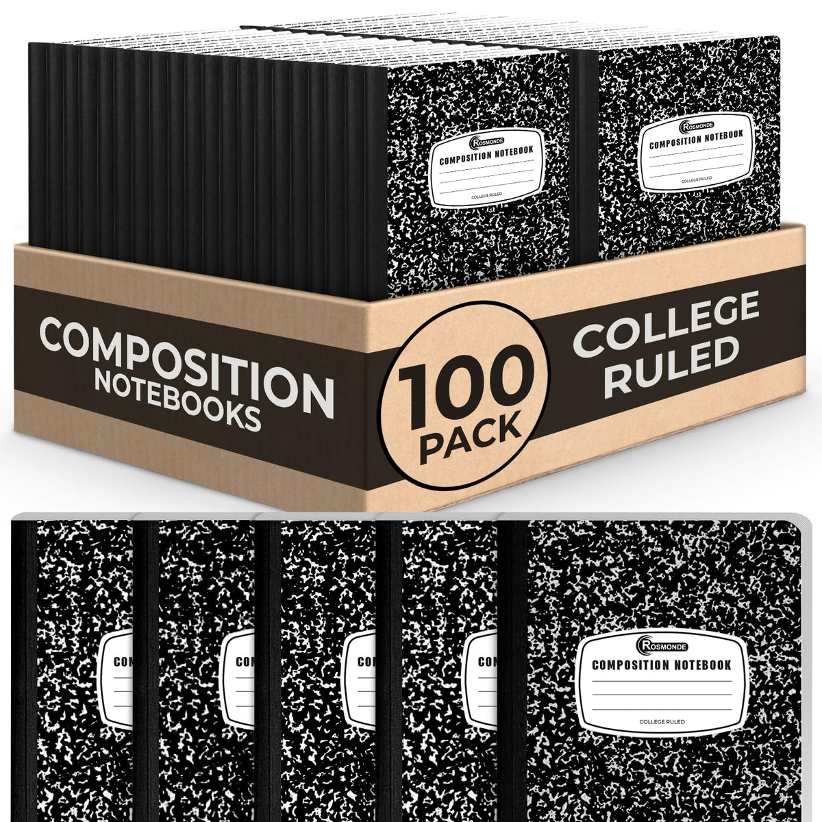 Rosmonde 5 Pack College Ruled Composition Notebooks, Black Marble Notebook