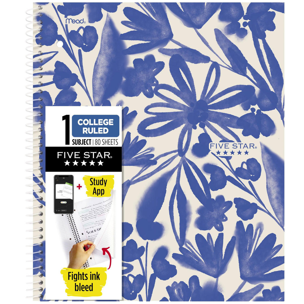 Five Star Spiral Notebook + Study App, 2 Pack, 1 Subject, College Ruled, 8-1/2" x 11", 80 Sheets, Fights Ink Bleed, Water Resistant Cover, Soft Petals (820331F-ECM)