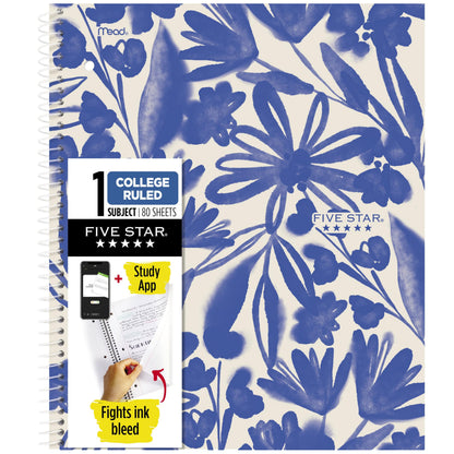 Five Star Spiral Notebook + Study App, 2 Pack, 1 Subject, College Ruled, 8-1/2" x 11", 80 Sheets, Fights Ink Bleed, Water Resistant Cover, Soft Petals (820331F-ECM)