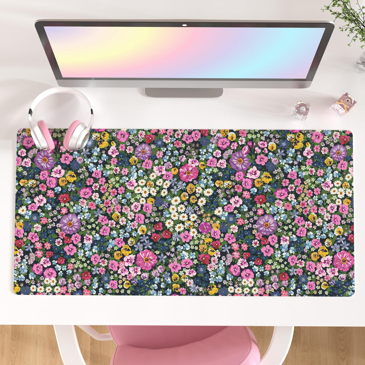 Faux Leather Large Mouse Pad, Office Desk Mat, 31.5"x15.7", Pink Floral
