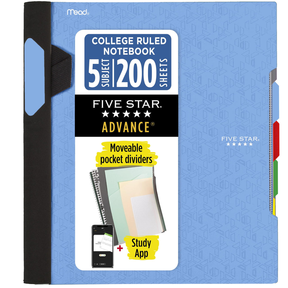 Five Star Advance Spiral Notebook + Study App, 5 Subject, College Ruled Paper, 8-1/2" x 11", 200 Sheets, Spiral Guard, Movable Tabbed Dividers, Seaglass Green (73148)