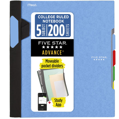 Five Star Advance Spiral Notebook + Study App, 5 Subject, College Ruled Paper, 8-1/2" x 11", 200 Sheets, Spiral Guard, Movable Tabbed Dividers, Seaglass Green (73148)