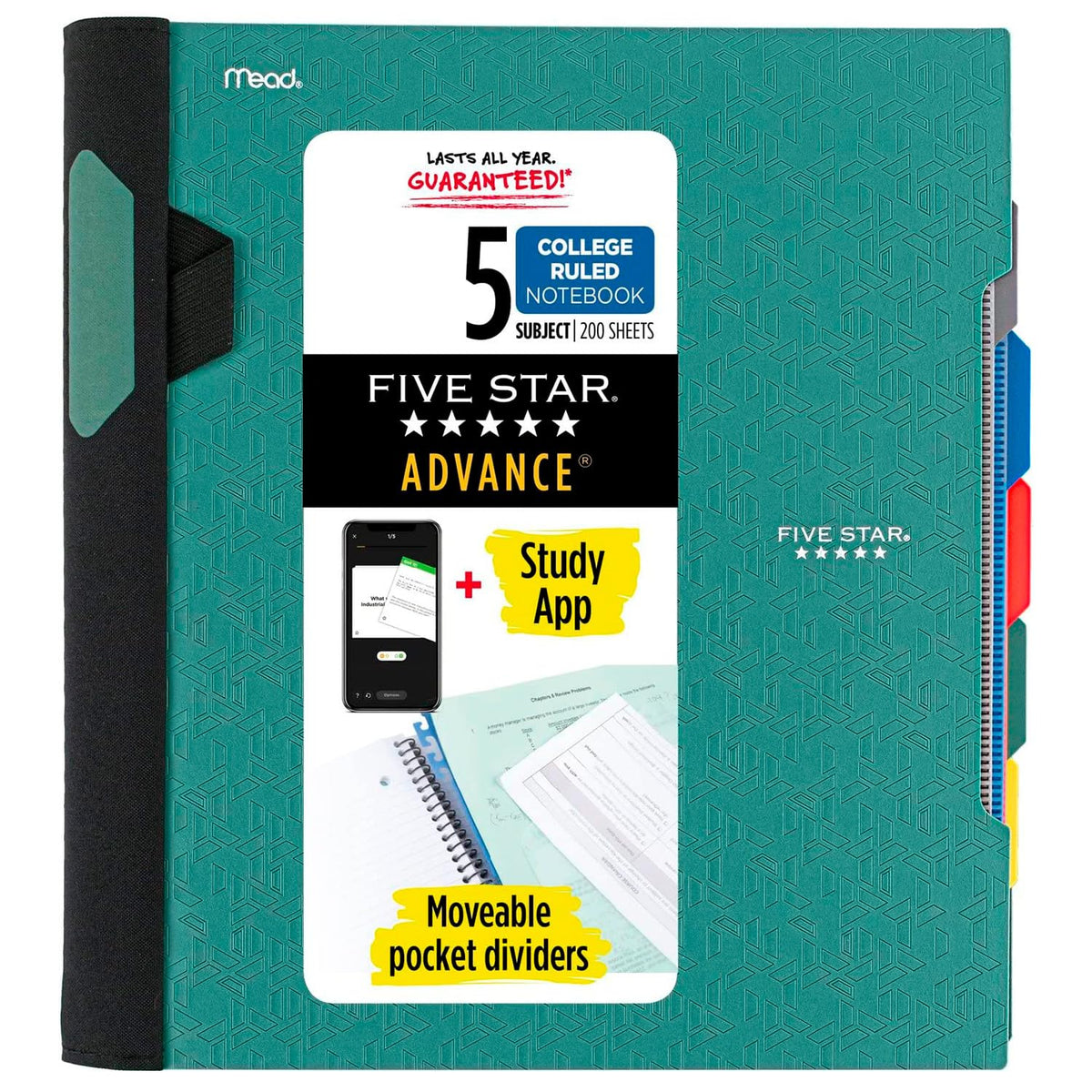 Five Star Advance Spiral Notebook + Study App, 5 Subject, College Ruled Paper, 8-1/2" x 11", 200 Sheets, Spiral Guard, Movable Tabbed Dividers, Seaglass Green (73148)