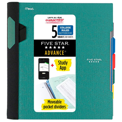 Five Star Advance Spiral Notebook + Study App, 5 Subject, College Ruled Paper, 8-1/2" x 11", 200 Sheets, Spiral Guard, Movable Tabbed Dividers, Seaglass Green (73148)