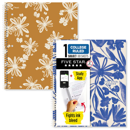 Five Star Spiral Notebook + Study App, 2 Pack, 1 Subject, College Ruled, 8-1/2" x 11", 80 Sheets, Fights Ink Bleed, Water Resistant Cover, Soft Petals (820331F-ECM)