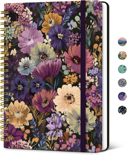Taja Lined Spiral Journal Notebook for Women, Pretty College Ruled Notebook for Work & Note Taking, A5 Hardcover Journal for Writing, Cute Aesthetic 140 Pages, Midnight Bloom