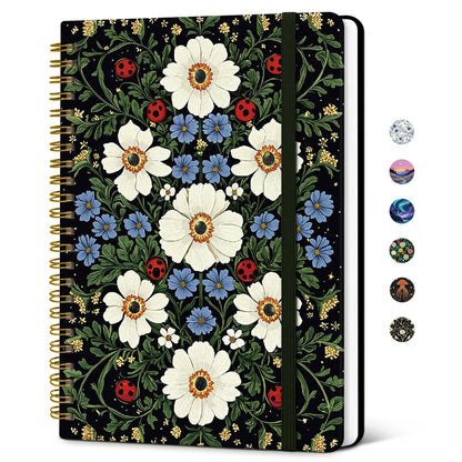 Taja Lined Spiral Journal Notebook for Women, Pretty College Ruled Notebook for Work & Note Taking, A5 Hardcover Journal for Writing, Cute Aesthetic 140 Pages, Midnight Bloom