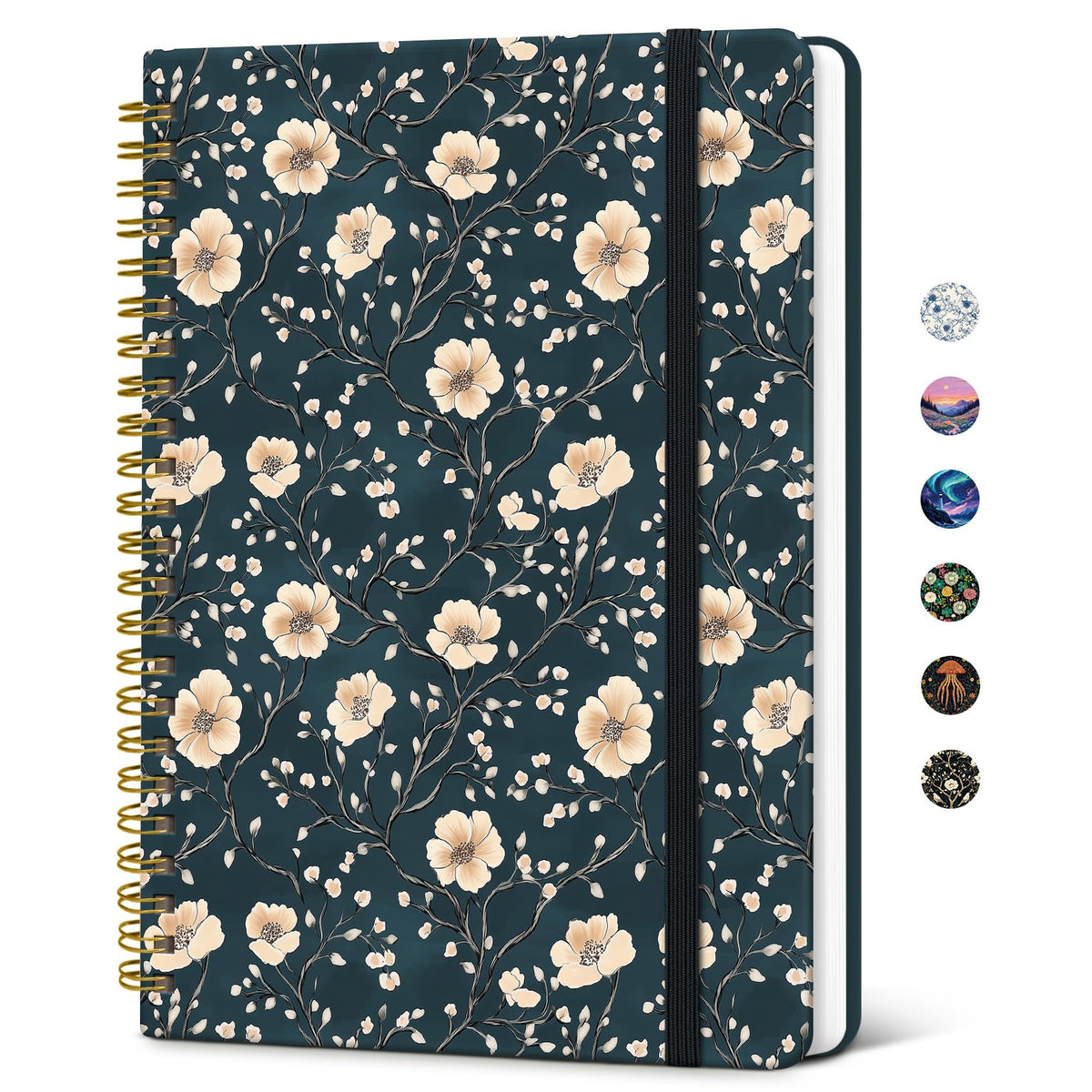 Taja Lined Spiral Journal Notebook for Women, Pretty College Ruled Notebook for Work & Note Taking, A5 Hardcover Journal for Writing, Cute Aesthetic 140 Pages, Midnight Bloom