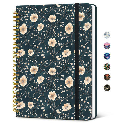 Taja Lined Spiral Journal Notebook for Women, Pretty College Ruled Notebook for Work & Note Taking, A5 Hardcover Journal for Writing, Cute Aesthetic 140 Pages, Midnight Bloom
