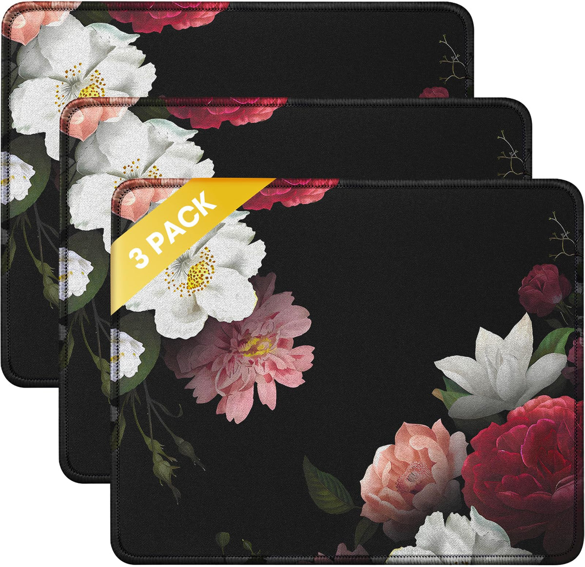 JIKIOU 3 Pack Mouse Pad with Stitched Edge, Perfect Size 10.2x8.3in Black