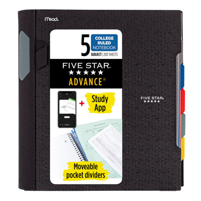 Five Star Advance Spiral Notebook + Study App, 5 Subject, College Ruled Paper, 8-1/2" x 11", 200 Sheets, Spiral Guard, Movable Tabbed Dividers, Seaglass Green (73148)