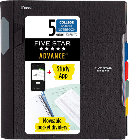 Five Star Advance Spiral Notebook + Study App, 5 Subject, College Ruled Paper, 8-1/2" x 11", 200 Sheets, Spiral Guard, Movable Tabbed Dividers, Seaglass Green (73148)