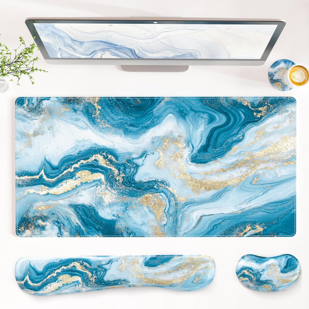 QiyI PU Leather Desk Mat Set, 4-in-1 Ergonomic Wrist Rest, Pink Marble