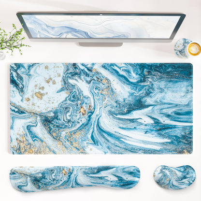 QiyI PU Leather Desk Mat Set, 4-in-1 Ergonomic Wrist Rest, Pink Marble