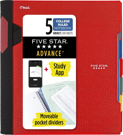 Five Star Advance Spiral Notebook + Study App, 5 Subject, College Ruled Paper, 8-1/2" x 11", 200 Sheets, Spiral Guard, Movable Tabbed Dividers, Seaglass Green (73148)
